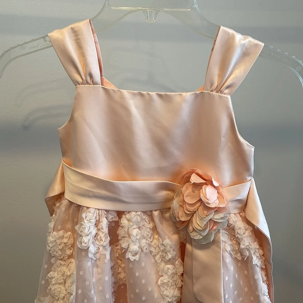 Bonnie Jean Girls Lace Floral Pink Satin Dress, Size 6, EUC, Flower Girl Dress